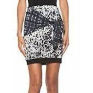 Phillip Lim Size 2 Tie Front Pencil Skirt Black White Multi Abstract Print Silk